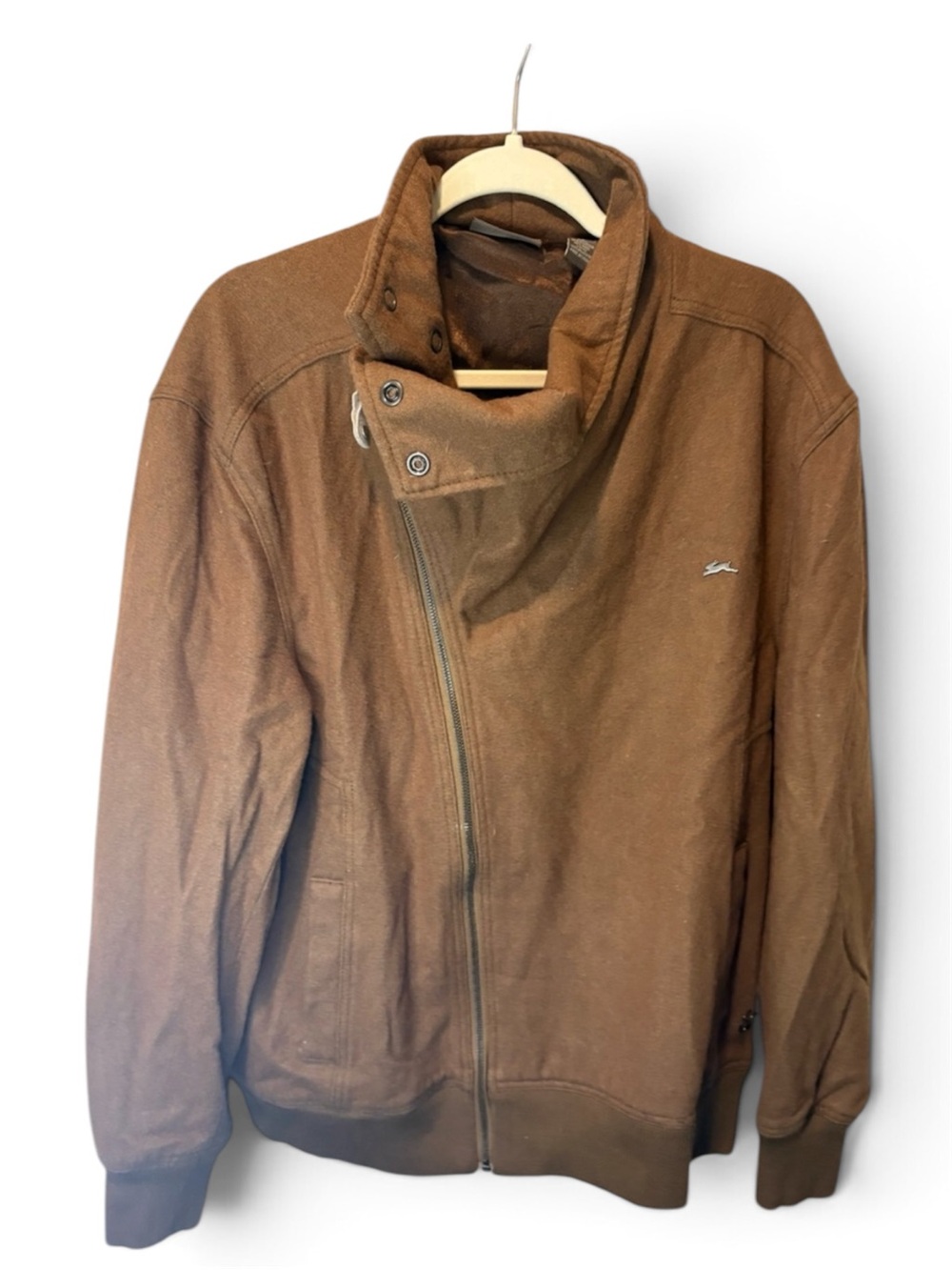 A. Taziano Men's wool Brown Asymmetric Zip Shirt Jacket with Snap Collar size L